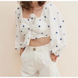 Farm Rio Embroidered Blue Flowers Crop Top Cotton White Small